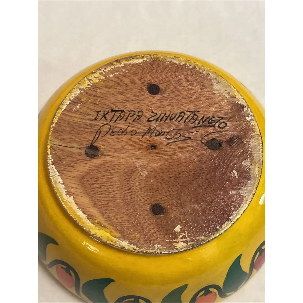 Pedro Marcos Signed Mexican Folk Art Hand Painted Wood Chili Pepper Bowl Yellow